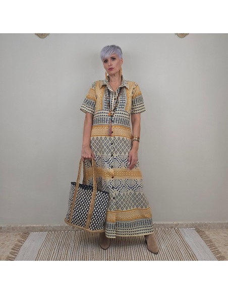 Vestido camisero Bagru estampado artesanal